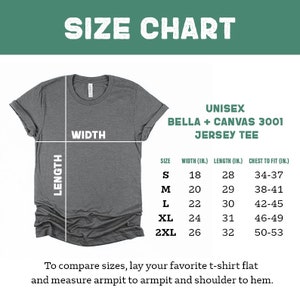 May include: Size chart for unisex Bella + Canvas 3001 jersey tee shirts. The chart shows the width, length, and chest to fit measurements in inches for sizes S, M, L, XL, and 2XL.