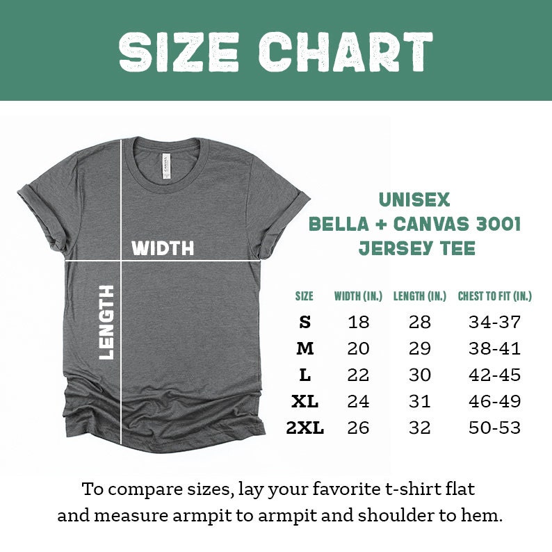 May include: Size chart for unisex Bella + Canvas 3001 jersey tee shirts. The chart shows the width, length, and chest to fit measurements in inches for sizes S, M, L, XL, and 2XL.
