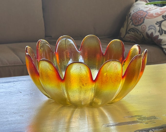 Vintage Brilliant Green Iridescent Glass Lotus Flower Compote Bowl