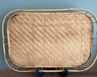 Vintage Rattan Bamboo Tray Rectangular Woven Base Raised Rim 19" x 13"
