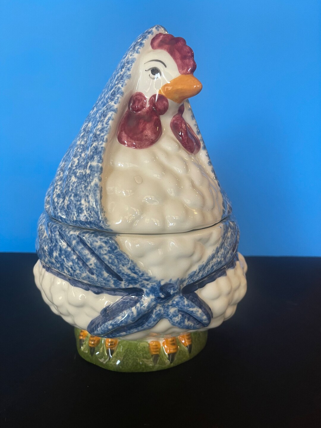 3 Pc Mother Hen Chicken Soup Tureen Ladle Gustin Pottery Blue Etsy