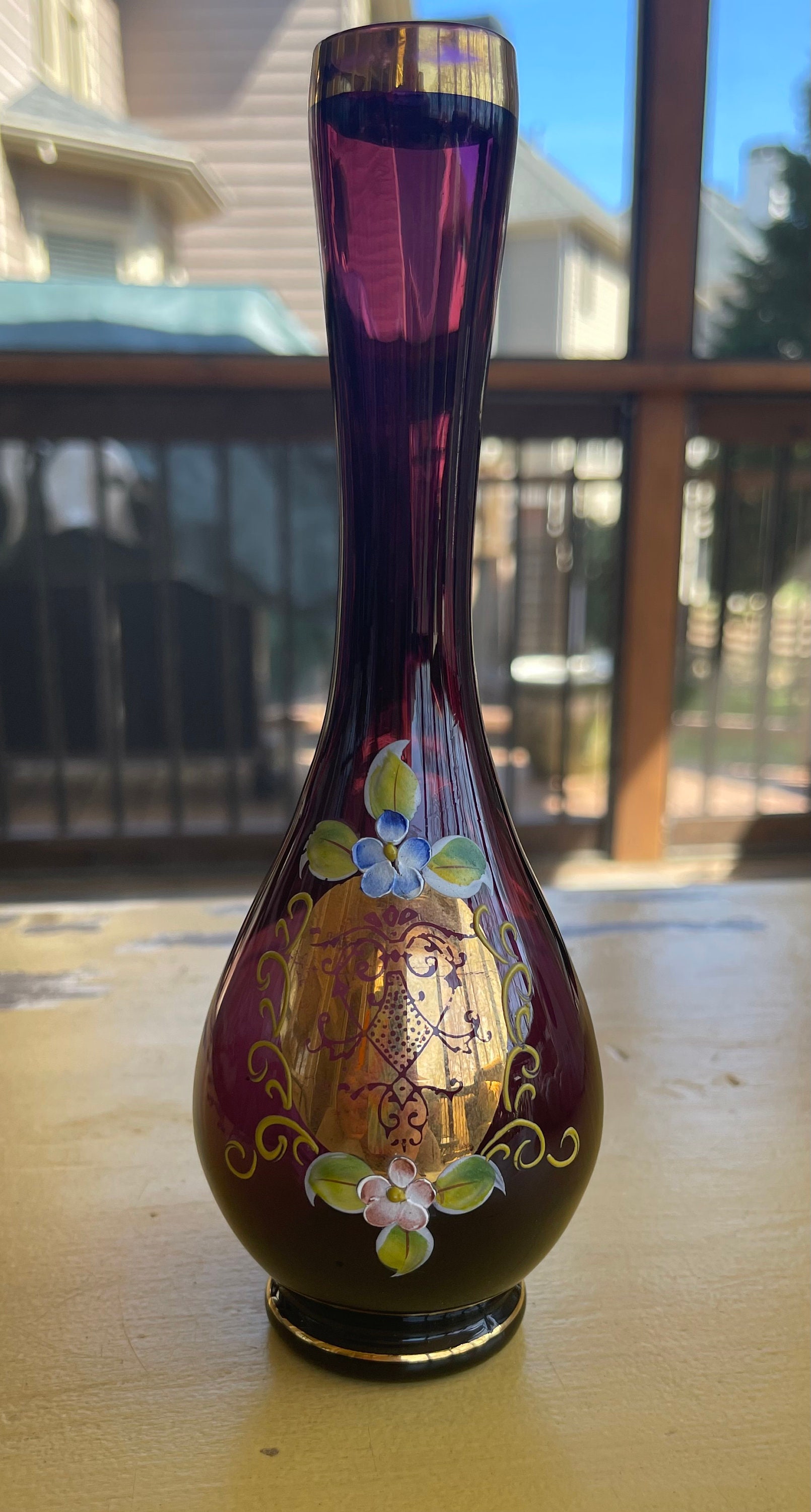Purple Glass Bud Vase With Gold and Hand Painted Flowers by Etsy