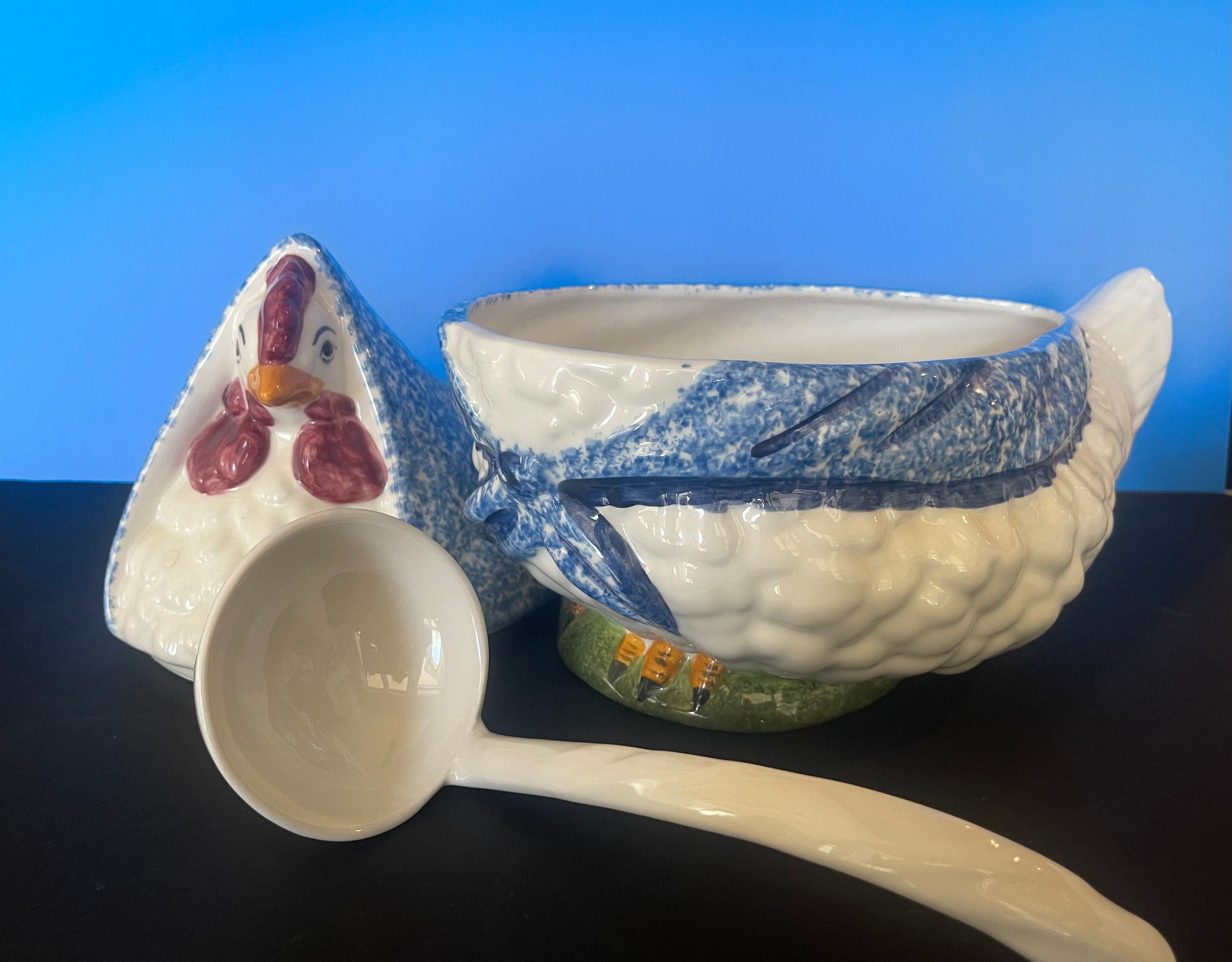 3 Pc Mother Hen Chicken Soup Tureen Ladle Gustin Pottery Blue Etsy