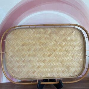 Vintage Rattan Bamboo Tray Rectangular Woven Base Raised Rim 19" x 13"