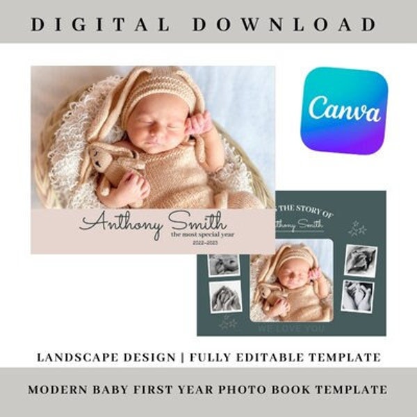 Baby Boys First Year Modern Photo Book Template (Canva)