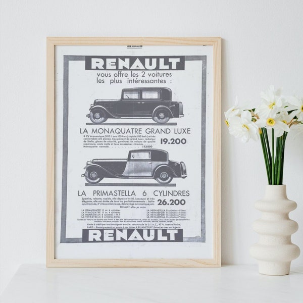 Publicité française vintage originale Véhicules Renault 1932 MONAQUATRE GRAND LUXE Document original d'époque . Cadre non inclus