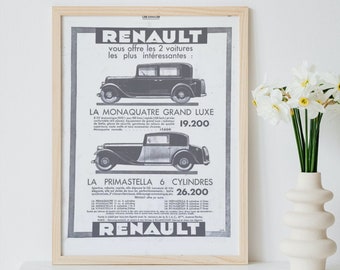 Original französische Vintage-Werbung für Renault-Fahrzeuge, 1932, MONAQUATRE GRAND LUXE. Originaldokument aus der Zeit. Rahmen nicht enthalten.