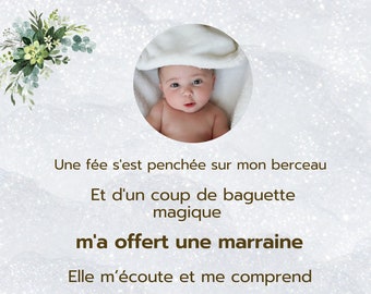 Affiche imprimée marraine filleul filleule personnalisée avec photo bébé. Cadeau idéal pour la marraine. impression de qualité SANS CADRE