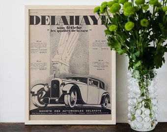 Original französische Delahaye-Autowerbung von 1928. Selten und authentisch. Vintage-Wanddekoration. Geschenk für Autoliebhaber. Rahmen nicht enthalten.