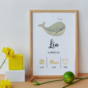 Póster impreso Nacimiento personalizado ballena bebé Impresión de alta calidad Regalo de nacimiento Decoración de la habitación del bebé MARCO NO INCLUIDO