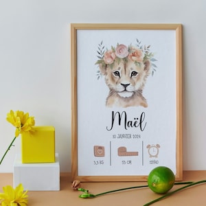 Affiche personnalisée imprimée naissance bébé lion Impression grande qualité Cadeau naissance Décoration chambre bébé CADRE NON INCLUS