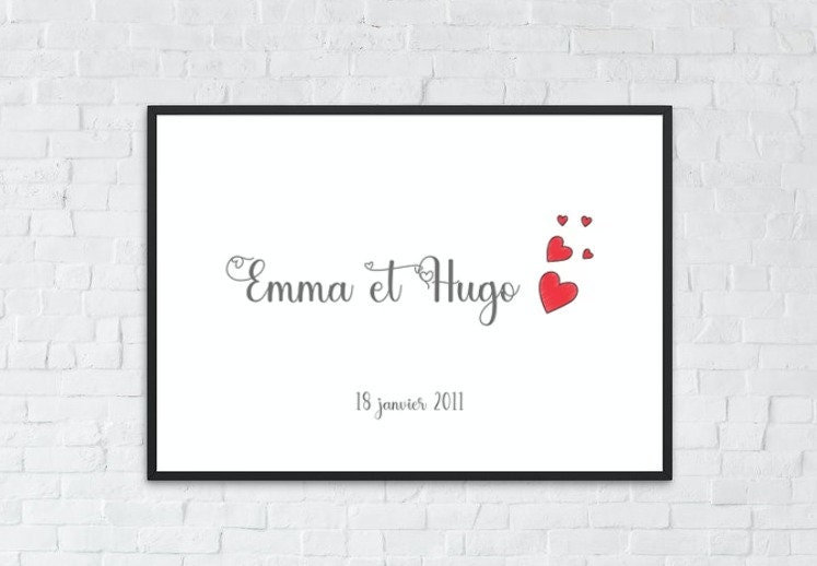Affiche Saint Valentin Personnalisée Prénoms Cœurs Rouges et Date Importante