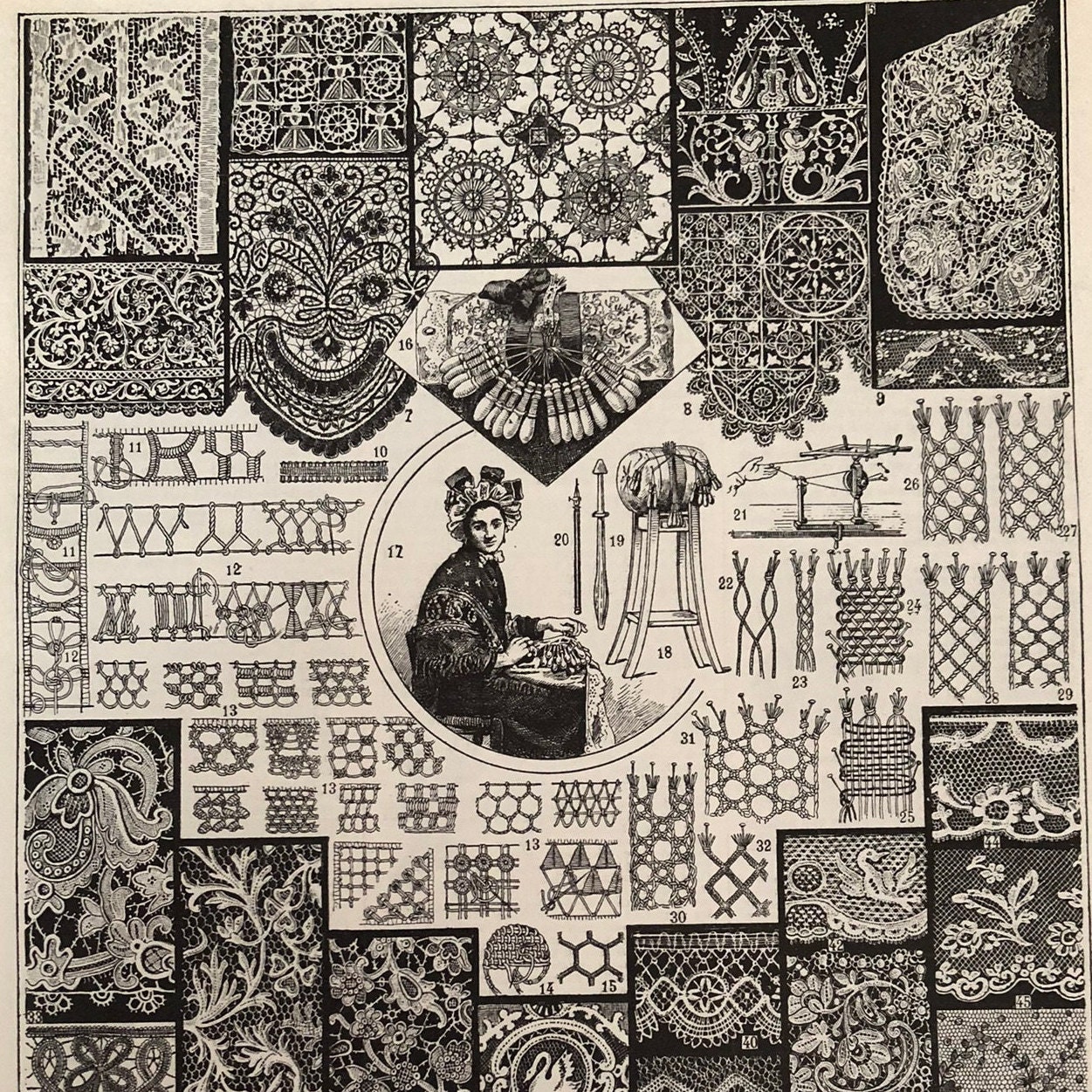 Lace french vintage illustration. 100 years old original document  elegant and chic  wall decoration. Precious fabric. Frameless