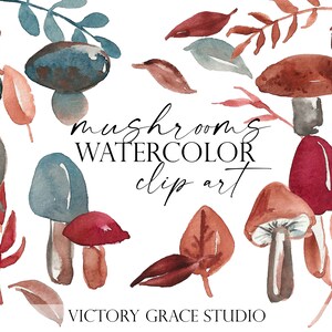Cogumelos caprichosos aquarela clipart digital, gráficos de outono para convites, cartões e adesivos
