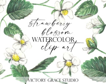 Strawberry Blossoms Watercolor Digital Clipart, strawberry flowers and leaves watercolor clipart