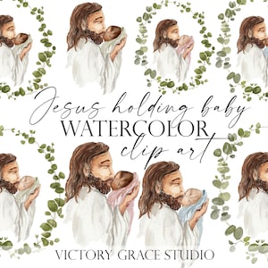 Jesus segurando bebê aquarela clipart digital, Jesus e bebê eucalipto aquarela clipart