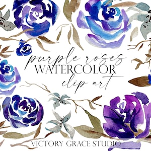 Purple Roses Watercolor Digital Clipart, purple and blue floral watercolor clipart