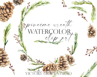 Pinecone Wreath Watercolor Digital Clipart, Christmas watercolor graphics,