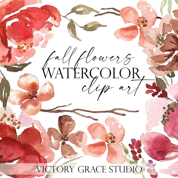 Red and Pink Flowers Watercolor Digital Clipart, pink red and brown peony watercolor clipart