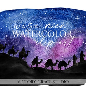 Könnte beinhalten: Aquarellmalerei eines sternenklaren Nachthimmels mit einer Silhouette von drei Weisen, die auf Kamelen reiten. Der Text "wise men watercolor clipart" ist in Weiß auf den Himmel geschrieben.
