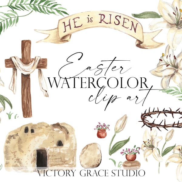 Easter Religious Watercolor Digital Clipart, Cross and Empty Tomb watercolor clipart