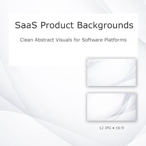 Op de afbeelding: Witte en grijze abstracte achtergrondafbeelding met de tekst "SaaS Product Backgrounds" en "Clean Abstract Visuals for Software Platforms". Twee rechthoekige afbeeldingen worden onder de tekst weergegeven. De afbeelding bevat ook de tekst "12 JPG • 16:9."
