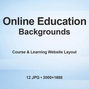 Op de afbeelding: Een lichtblauwe achtergrond met de tekst "Online Education Backgrounds" in vette zwarte letters. Daaronder staat "Course & Learning Website Layout". De onderkant van de afbeelding luidt "12 JPG • 3000x1688".