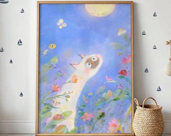 Wydruk do pokoju dziecięcego z kotem syjamskim w księżycowym wydaniu, ręcznie podpisana, fantazyjna ilustracja