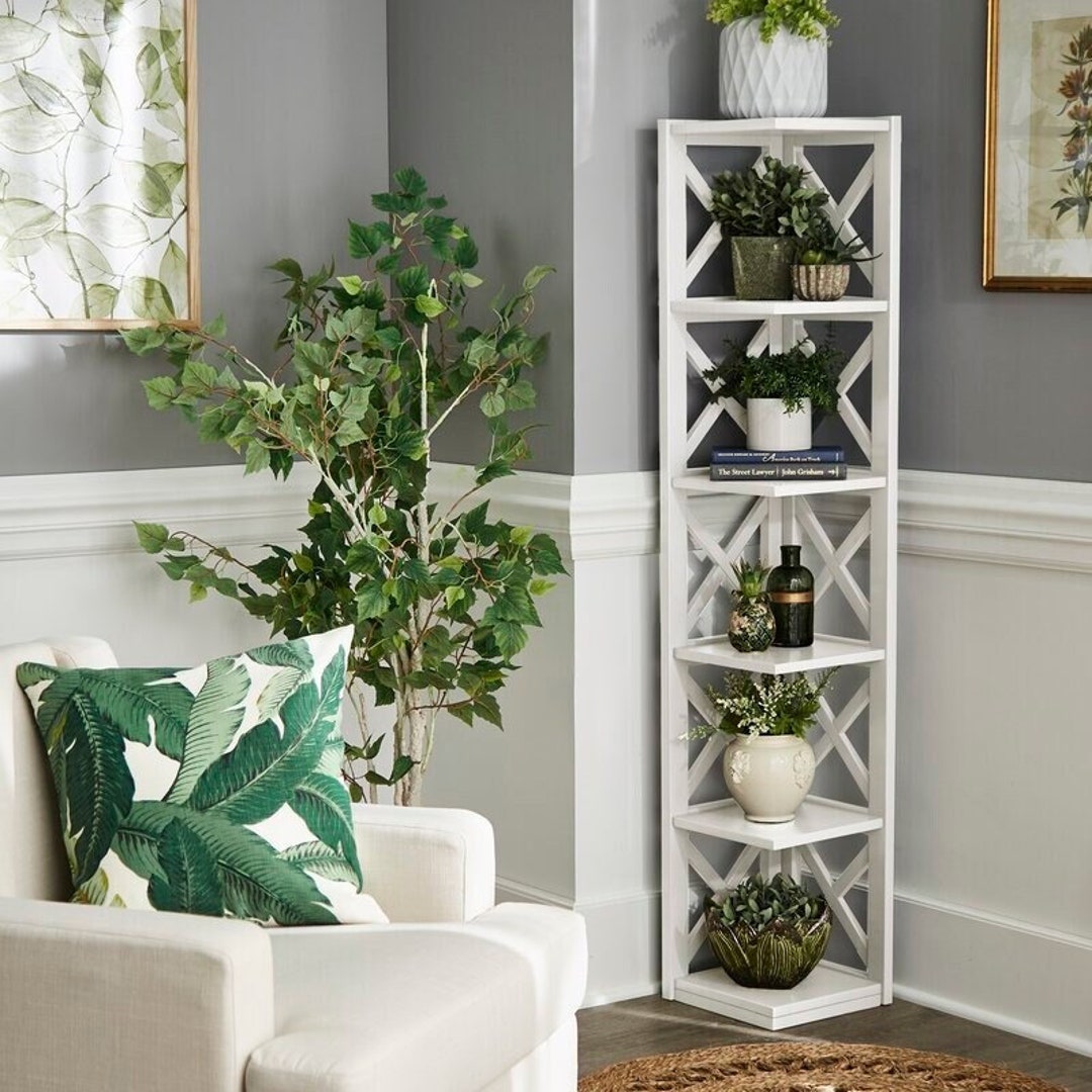 White Solid Wood Corner Bookcase Xshaped Five Open Shelves Etsy
