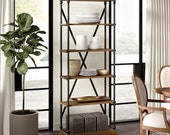 Natural brown etagere bookcase five tiers display space crossed back support and the tubular metal frame
