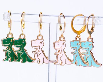 Dinosaur Earrings, Gold Lever Back Charm, Daughter Gift