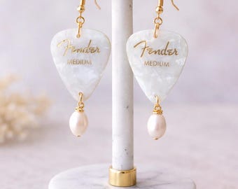 Fender Guitar Pick Earrings with Freshwater Pearls, Guitarist Gift