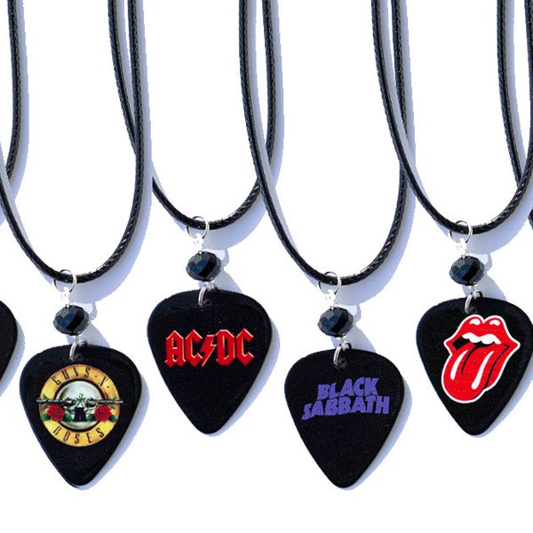 Guitar Pick Necklace Band Guitar Pick Jewelry Necklace Nirvana Metalica KISS Grateful Dead Rolling Stones ACDC Guns N Roses Bob Marley Gift