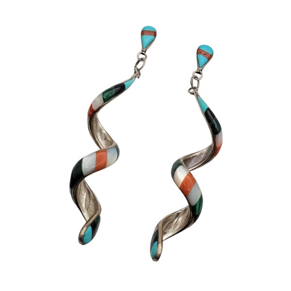 Zuni Idella Edaakie Sterling Silver Multi Stone Inlay Spiral Drop Dangle Earrings