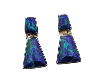 Mexico 950 Silver Azurite Malachite Modernist Design Earrings