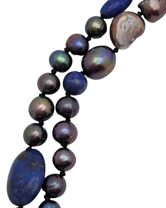 Rainbow Pearl Lapis Lazuli Necklace Sterling Silv… - image 3