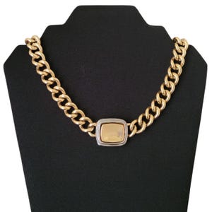 Vintage Givenchy Paris New York Two Tone Chain Square Pendant Choker Necklace