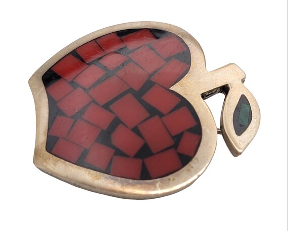 Mexico Sterling Silver Coral Stone Inlay Apple Br… - image 2