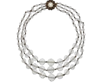 Faceted Rock Crystal Clear Quartz Three Strand Necklace Graduated Beads Crystal Box Clasp