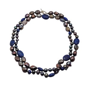 Rainbow Pearl Lapis Lazuli Necklace Sterling Silver Toggle Clasp