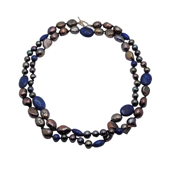 Rainbow Pearl Lapis Lazuli Necklace Sterling Silv… - image 1