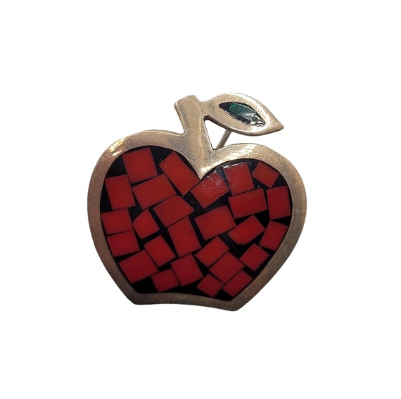 Mexico Sterling Silver Coral Stone Inlay Apple Br… - image 1