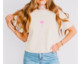 Pink Palm Tree Tee, Beach Shirt, 100% Cotton Shirt, Comfort Colors, Summer Top, Boxy Tee