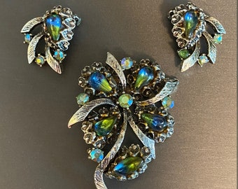 Blue & Green Givre Molded Glass with AB Rhinestones Brooch and Earrings Set - Unsigned TORTOLANI?