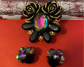 Rose brooch with high quality onyx and iridescent crystal earrings