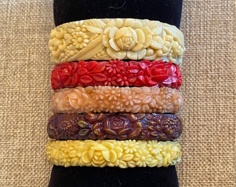 Vintage Celluloid Floral Repousse Bangle Bracelets Japan Designs