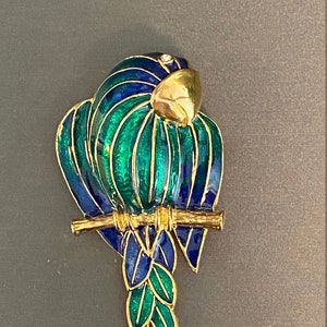 Vintage Gold Plated Enamel Green and Blue Large Parrot Brooch