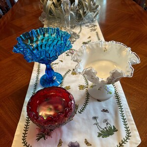 Fenton Carnival Glass Flowers Footed Bowl, Violets in The Snow Pedestal Bowl, Blue Thumbprint Pedestal Dish