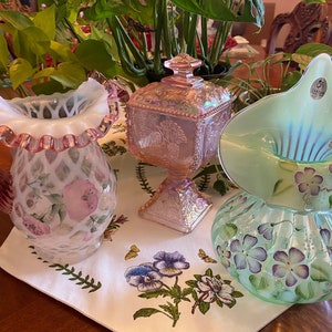 Gorgeous Collectable Fenton - Sunset Stretch Paneled Grape Candy Box, French Opalescent Optic Poppy, JIP Green Opalescent Vase