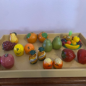 Vintage Fruit Salt and Pepper Shakers - Ganz Bella Casa, 1958 Sugar bowl lid with salt and pepper shakers